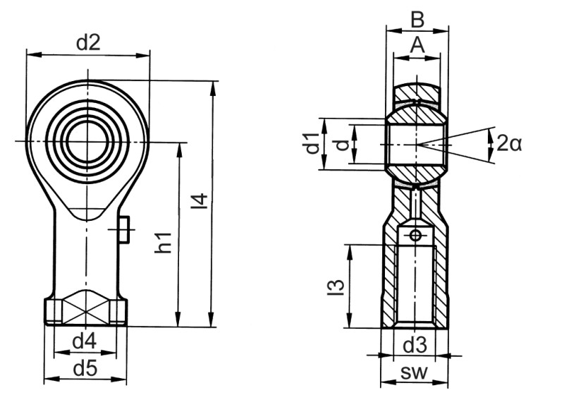 Teste a snodo DIN ISO 12240-4 (DIN 648) serie K versione standard filettatura interna - Immagine quotata Teste a snodo DIN ISO 12240-4 (DIN 648) serie K versione standard filettatura interna - Immagine quotata