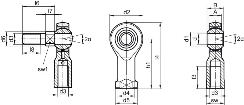Rod ends DIN ISO 12240-4 (DIN 648) K series maintenance-free version with threaded bolt female thread - Dimensional drawing