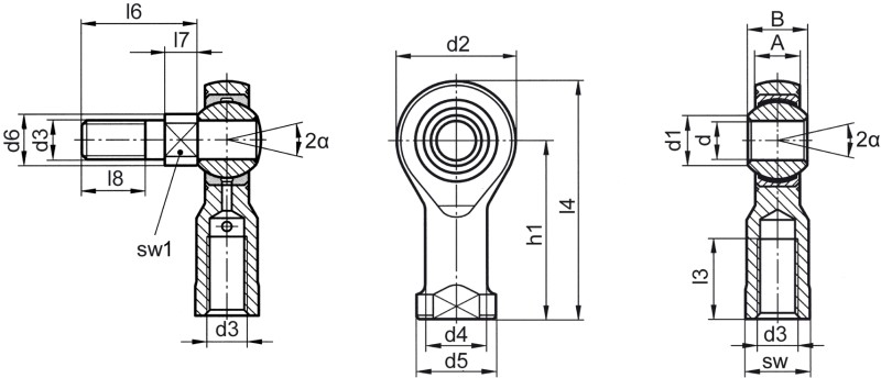 Teste a snodo DIN ISO 12240-4 (DIN 648) serie K versione che non richiede manutenzione con bullone filettato filettatura interna - Immagine quotata