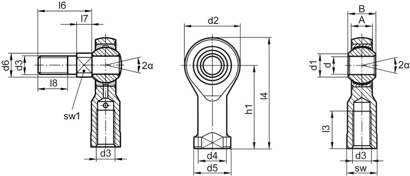 Cabezas articuladas de rótula DIN ISO 12240-4 (DIN 648) serie de medida K versión sin mantenimiento para carga elevada con bulón roscado rosca interior - Plano de dimensiones Cabezas articuladas de rótula DIN ISO 12240-4 (DIN 648) serie de medida K versión sin mantenimiento para carga elevada con bulón roscado rosca interior - Plano de dimensiones