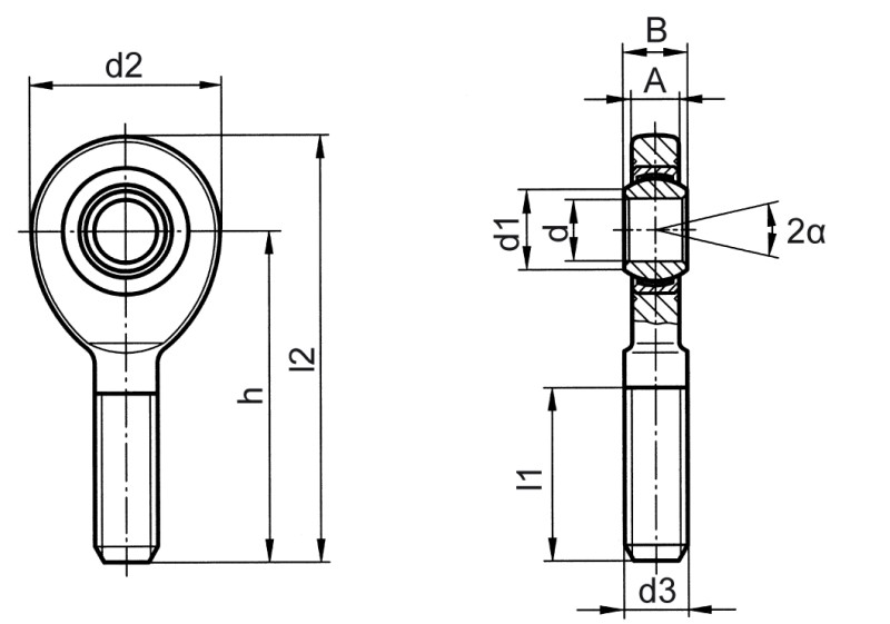 Cabezas articuladas de rótula DIN ISO 12240-4 (DIN 648) serie de medida E versión sin mantenimiento acero inoxidable rosca exterior - Plano de dimensiones
