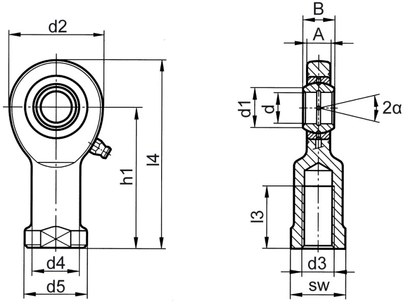 Teste a snodo DIN ISO 12240-4 (DIN 648) serie E versione acciaio/acciaio filettatura interna - Immagine quotata