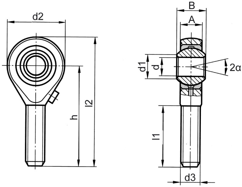 Teste a snodo DIN ISO 12240-4 (DIN 648) serie K versione ad alte prestazioni per alto carico filettatura esterna - Immagine quotata Teste a snodo DIN ISO 12240-4 (DIN 648) serie K versione ad alte prestazioni per alto carico filettatura esterna - Immagine quotata