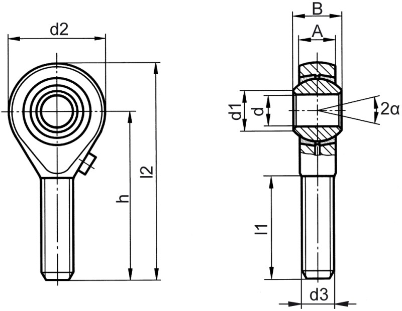 Teste a snodo DIN ISO 12240-4 (DIN 648) serie K versione standard filettatura esterna - Immagine quotata Teste a snodo DIN ISO 12240-4 (DIN 648) serie K versione standard filettatura esterna - Immagine quotata